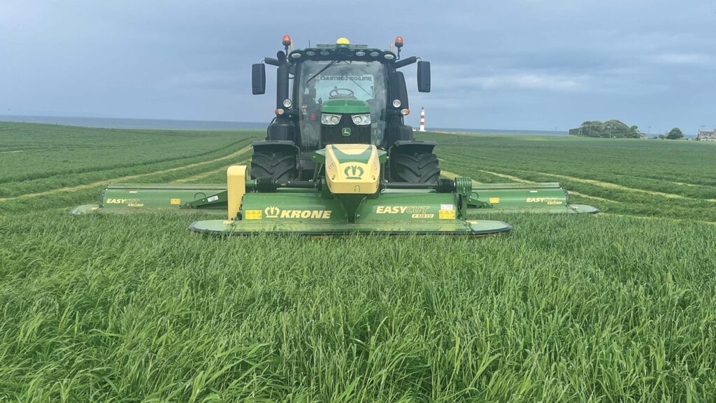 Tractor and mower cutting silage